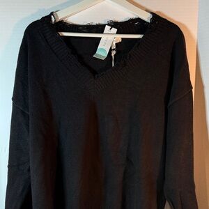 Distressed look Black V-Neck Women's Sweater